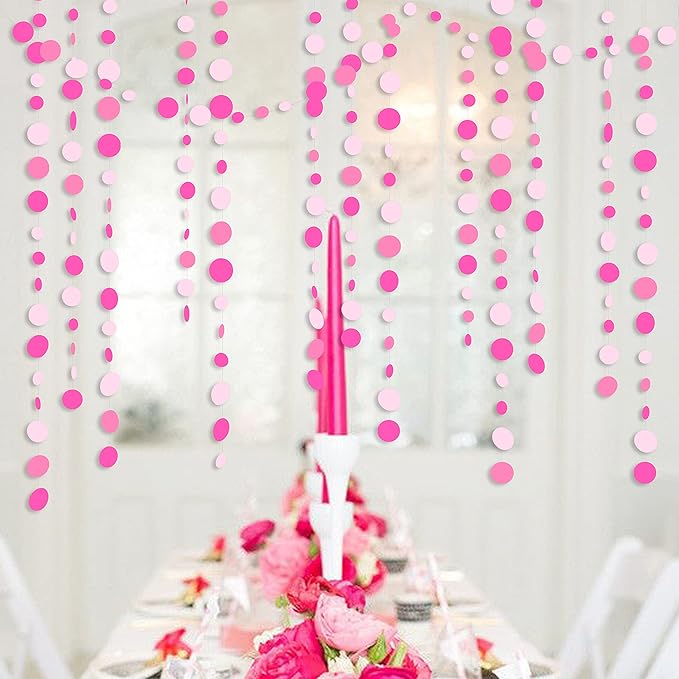 Hot Pink Party Decorations Circle Dots Garland Rose Pink White Hanging Paper - Image 4