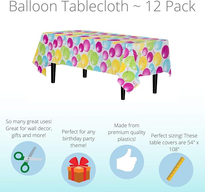 Party Solids 12 Pack Premium Quality Balloon Design Plastic Tablecloth - Image 5