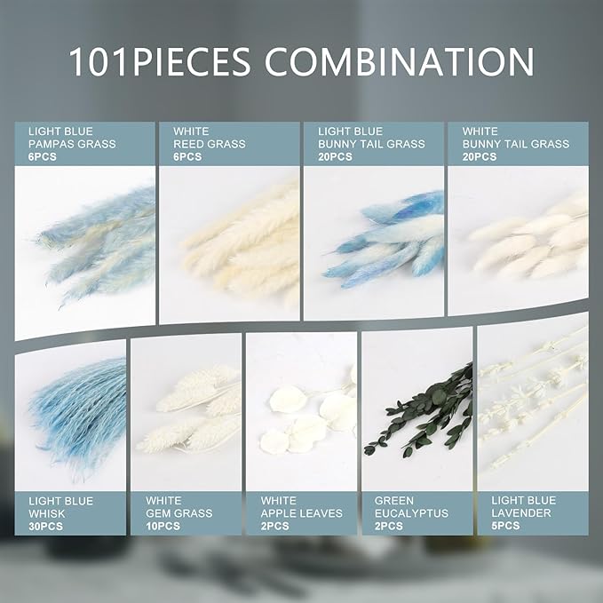 N&T NETING 101Pcs Blue Pampas Grass Decor Natural Dried Floral Pampas Grass - Image 4