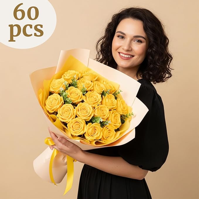 Auihiay 60PCS Yellow Roses Bulk, Realistic Flowers - Image 6