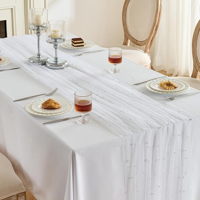 Fanami 6 Pack Pearl Table Runner -10FT Ivory White Boho Tulle Table Runners 120 - Image 7