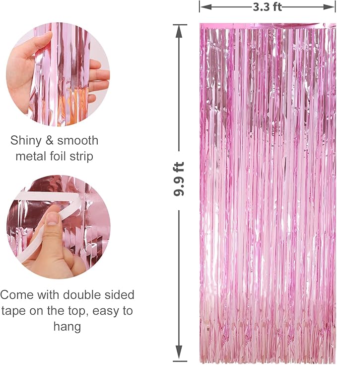 Crosize 7 Pack 3.3 x 9.9 ft Pink Foil Fringe Glitter Curtains Party Decorations - Image 2