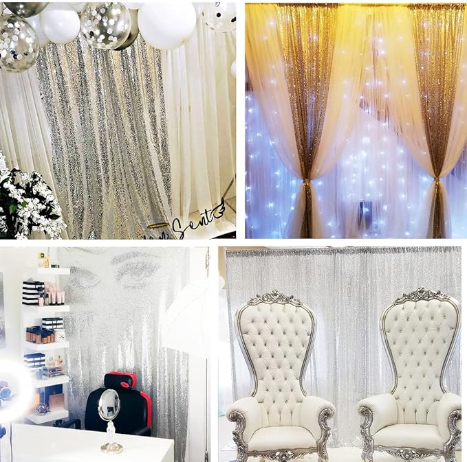 Poise3EHome 2Pcs 3Ft x 8Ft Silver Sequin Backdrop Curtain, Glitter Photography - Image 3