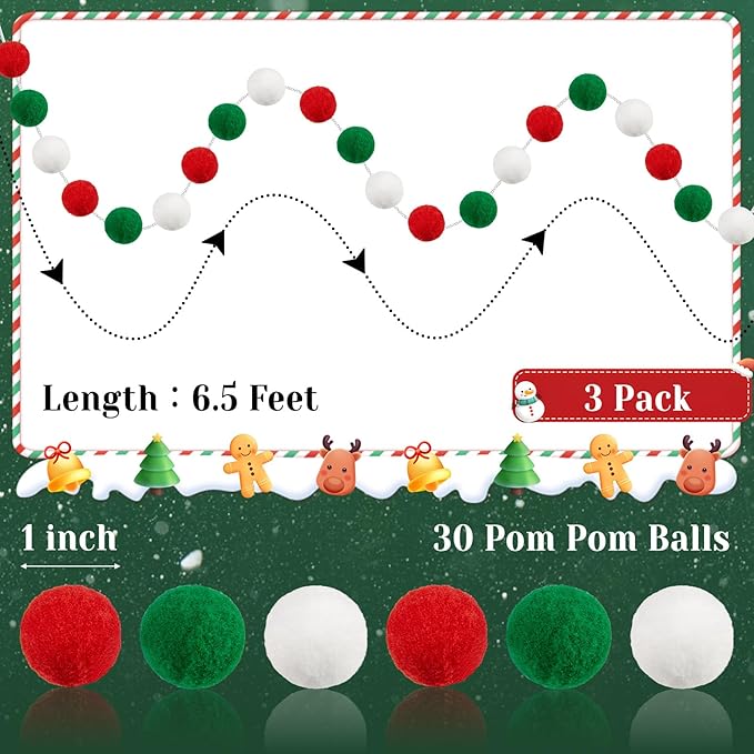 3 Pack Pom Pom Garland Colorful Felt Ball Garland Decorations, 6.5 Feet Long - Image 2