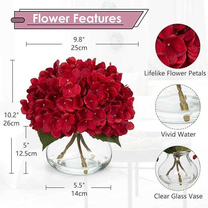 Hollyone Hydrangea Artificial Flowers in Vase Red Silk Fall Fake Flowers - Image 2