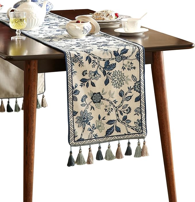 Decorative Linen Table Runner 71 Inches Long, Chinoiserie Blue Floral Cloth by bilingaier