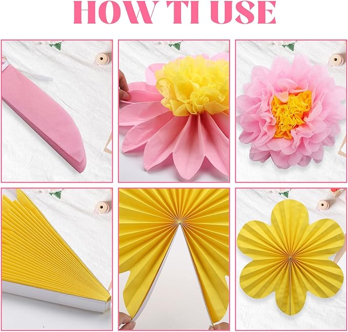 BestoFun 12PCS Paper Flowers Fans Pink Yellow Party Decorations Tissue Paper - Image 3