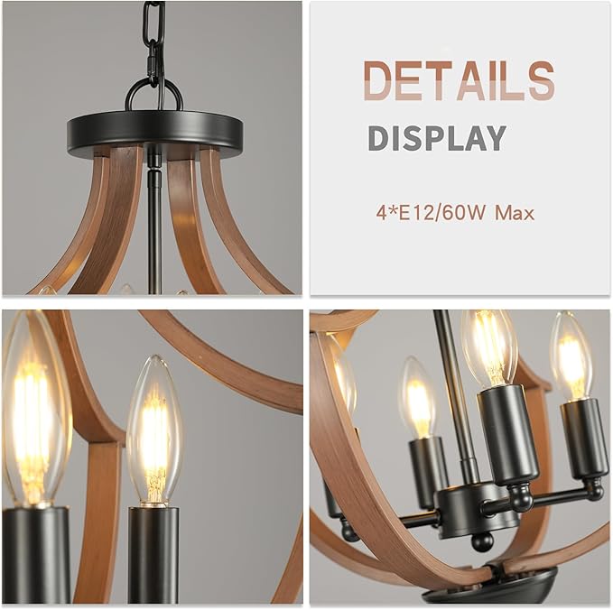 Farmhouse Chandelier, 4-Light Modern Hanging Pendant Lighting, Rustic Vintage - Image 5