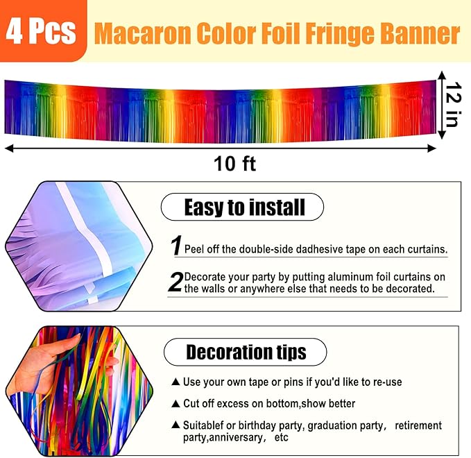 4 Pack 10 Feet Rainbow Foil Fringe Garland Metallic Tinsel Streamers Banner - Image 2