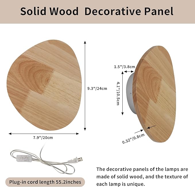 Modern Minimalist Plug in Wall Sconces, 9.4'' Plug-in Or Cordless Wood - Image 7