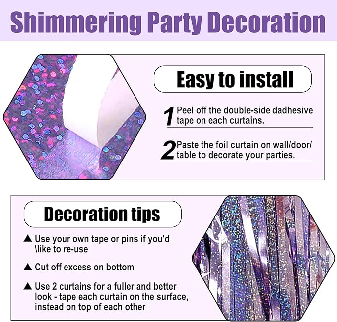 6 Pack Light Purple Foil Fringe Curtain Backdrop, 3.28Ft x 8.2Ft Metallic - Image 3