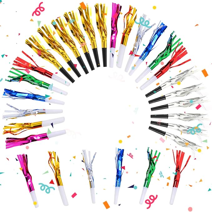 24 Pcs Glitter Noisemakers, Metal Tassel Music Birthday Blowers, Horn Whistles by Unknown