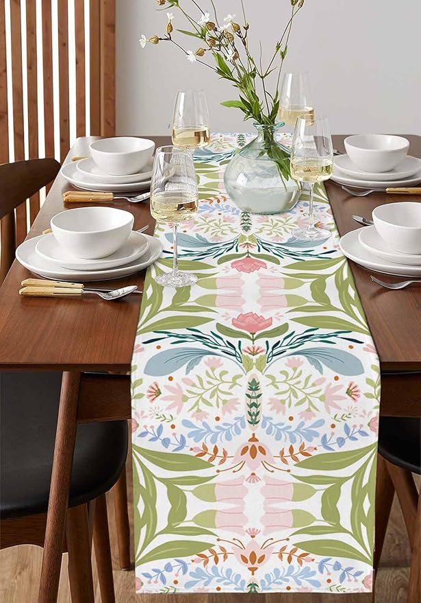 Green Blue Pink Boho Floral Cotton Linen Table Runner - Image 2