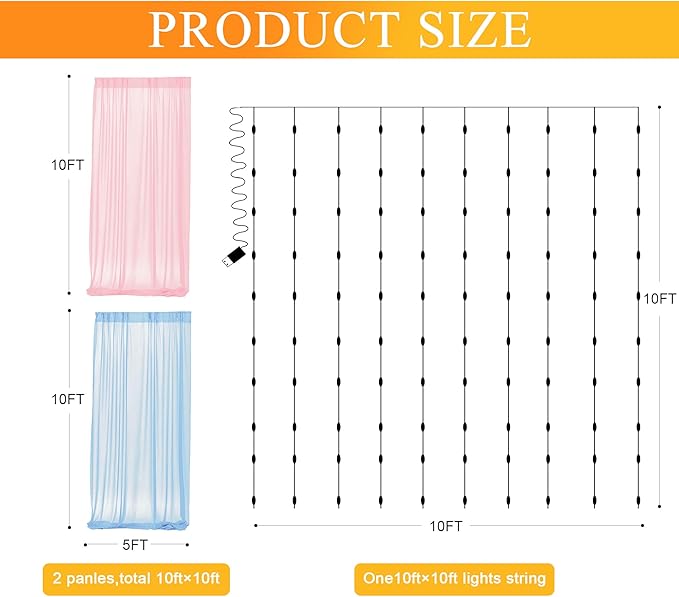 Fomcet Tulle Curtains with Lights String Pink and Blue 10FT X 10FT Sheer - Image 2