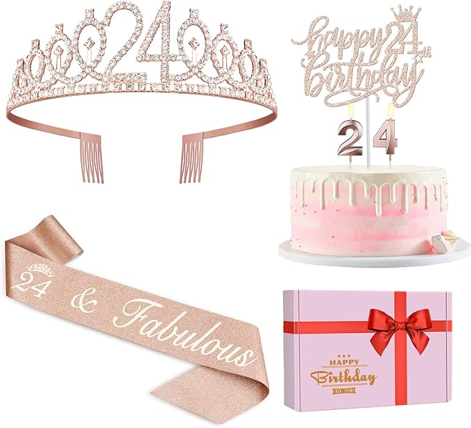 24th Birthday Decorations for Women Including Birthday Sash, Tiara/Crown by JueslyBirthdayParty