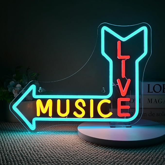 LIVE MUSIC Neon Sign – LED Arrow Neon Light by Wanxing