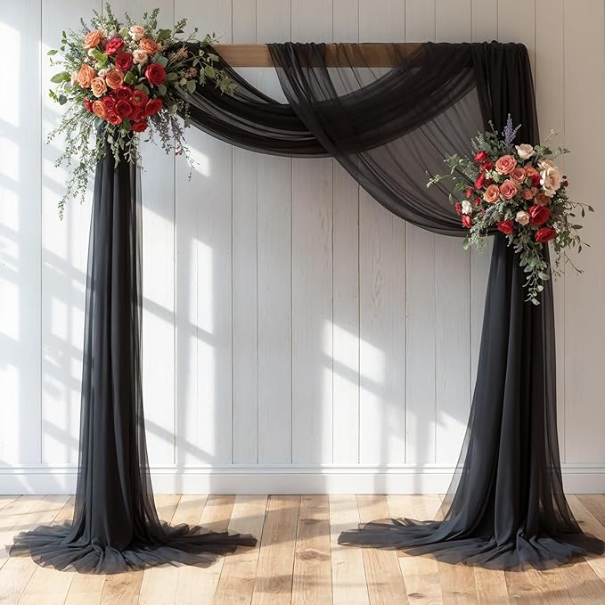Wedding Arch Draping Fabric, 2 Panels 18FT Black Sheer Chiffon Curtain Drapes 6 - Image 4