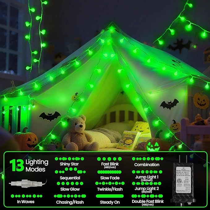 Connectable Green Halloween Lights Outdoor Indoor - 43FT 100LED Globe String - Image 4