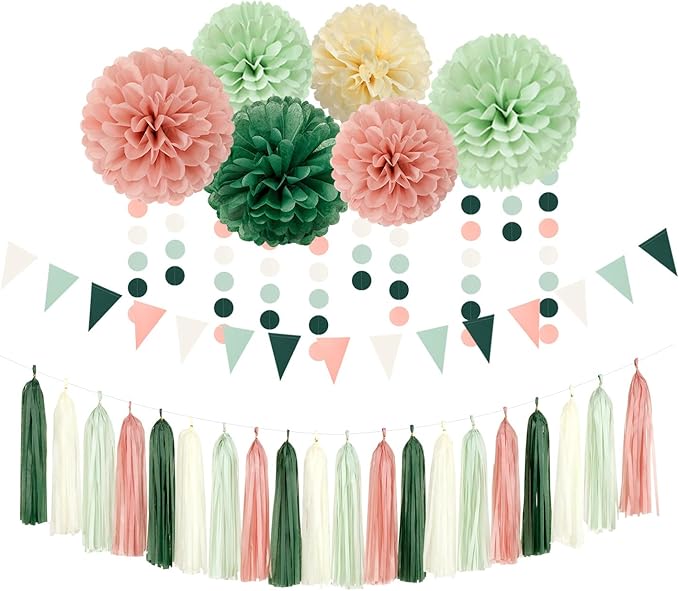 Sage-Olive Green Pink-Beige Boho Party Decorations -23pcs Rustic Neutral by LastingSurprise
