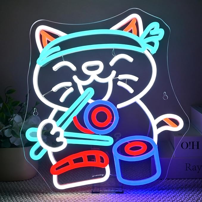 Wanxing LED Neon Sign for Wall Decor, Ramen Cat Eat Sushi Neon Light, USB by Wanxing