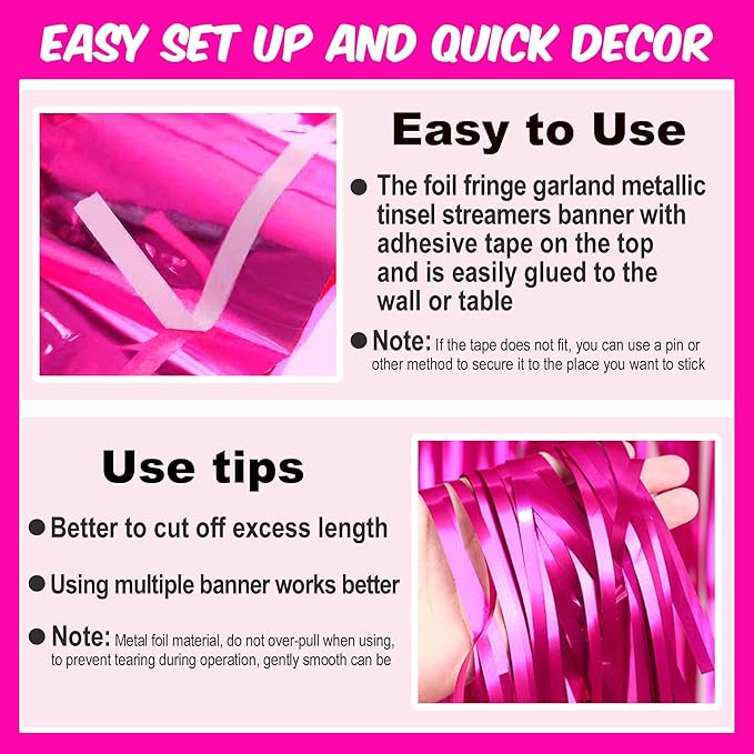 6 Pack 10 Ft Fuchsia Foil Fringe Garland Metallic Streamers Tinsel Banner Wall - Image 3
