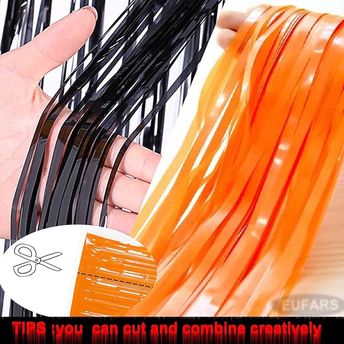 Foil Fringe Curtains-4 Pack of 3.2x8.2ft Orange Black Foil Fringe Curtains - Image 4