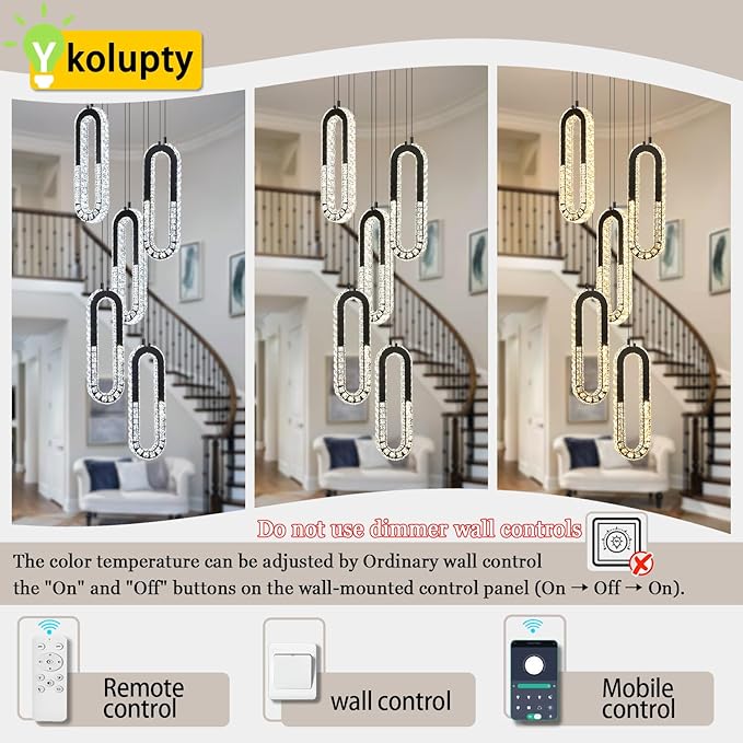 5 Rings Crystal Chandeliers for Staircase Large Pendants Light Fixture Black - Image 4