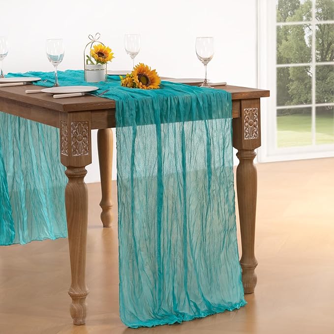 Teal Green Cheesecloth Table Runner Fall Table Runner Boho Gauze 120 Inches - Image 2