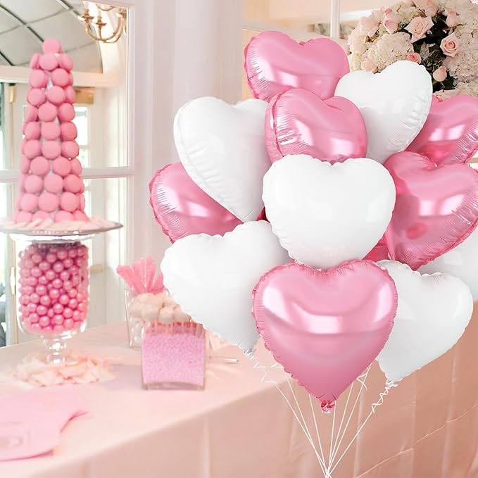 Pink White Heart Balloons, 18Inch White Helium Polyester Film Balloon - Image 6