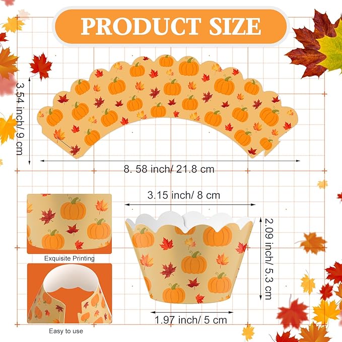 Domensi 100 Pcs Fall Pumpkin Maple Leaf Cupcake Wrappers Rustic Cupcake Liners - Image 3