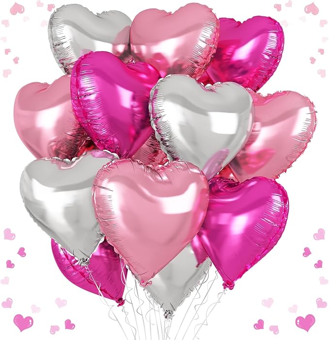 Rose Red Silver Heart Balloons, 18 Inch Light Pink and Silver Heart Shaped by vibzox