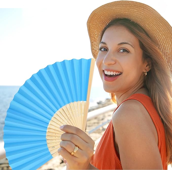 6 Pieces Blue Hand Held Bamboo Folding Fans Foldable Paper Fans Handheld - Image 7