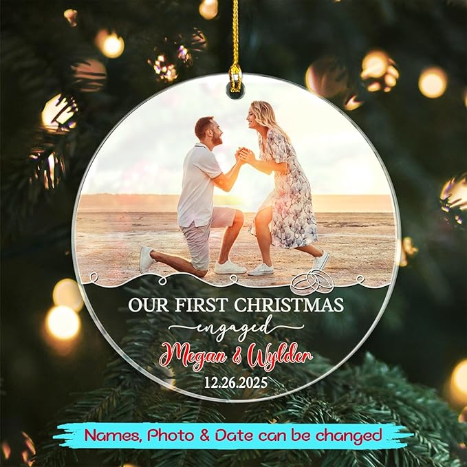 Our First Christmas Engaged Ornament, Customized Name Date & Photo Couple Just - Image 2