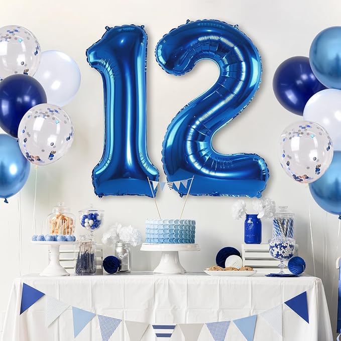 Navy Blue 12th Birthday Giant Self Inflating Number 12 Balloon, Metallic Dark - Image 5