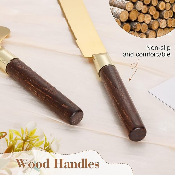Gold Cake Cutting Set for Wedding, Wood Cake Knife and Server Set, Vintage - Image 5