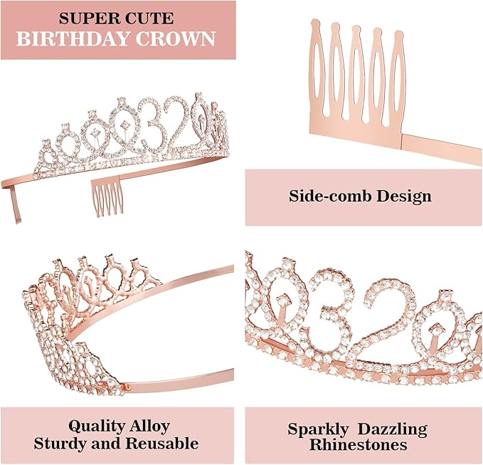 32 Birthday Decorations for Women Including Birthday Sash, Crown/Tiara - Image 4