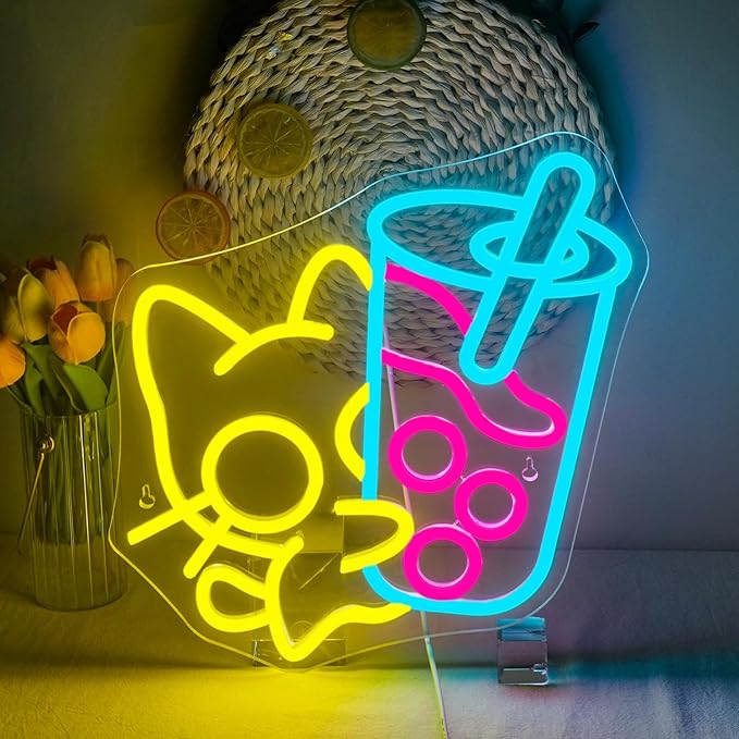 Looklight Cat Boba Tea Neon Sign, Dimmable LED Neon Light Bar Sign, USB Light by LooklightNeonSign