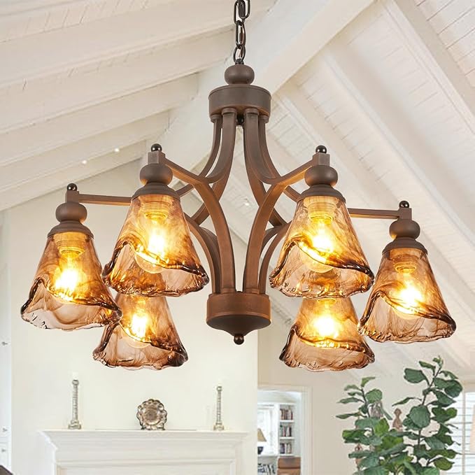 Vintage Farmhouse Chandelier, 27 Inch Adjustable Amber Glass Rust-Finish Metal by LANPESTING
