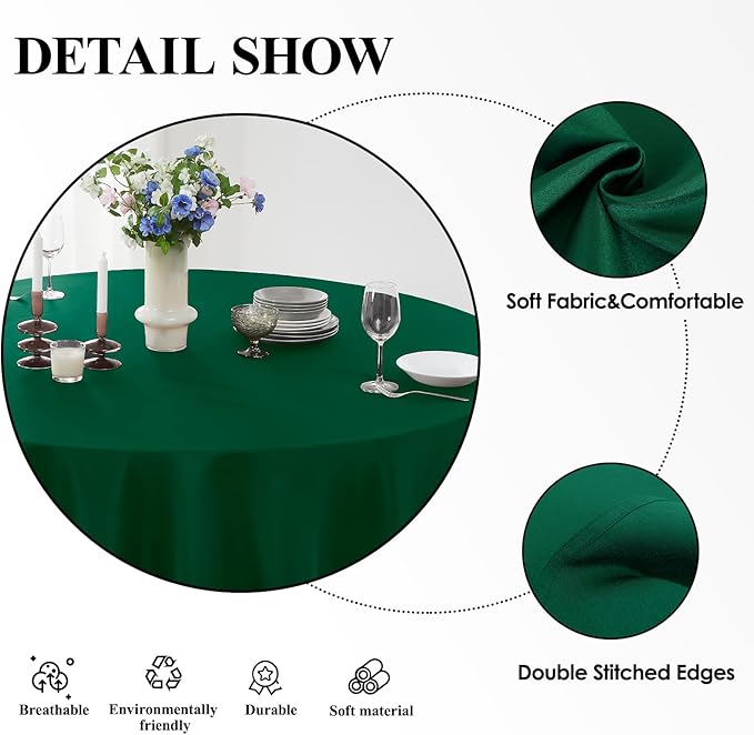 Round Tablecloth 6 Pack 90 Inch Dark Green Tablecloths Washable Decorative - Image 4