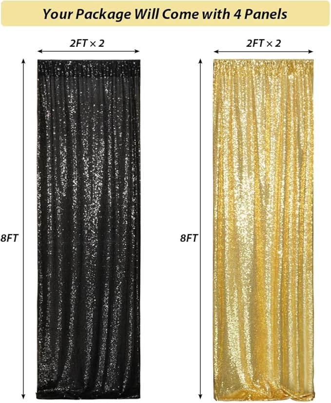 4 Panels Black&Gold Sequin Backdrop Curtain 2FTx8FT Glitter Sequin Backdrop - Image 3