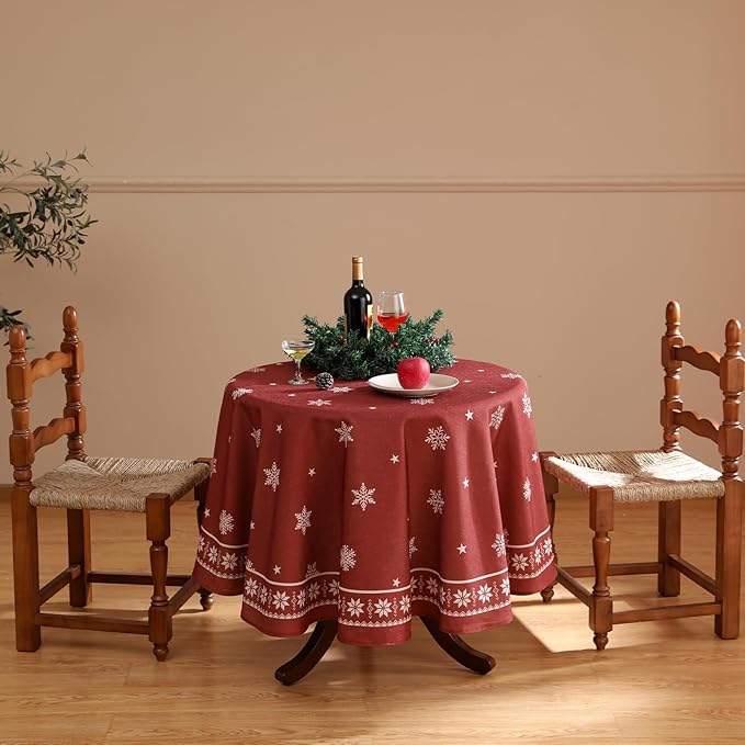 ISAENNE Designer Christmas Red Round Tablecloth, Linen Table Cloth - Image 8
