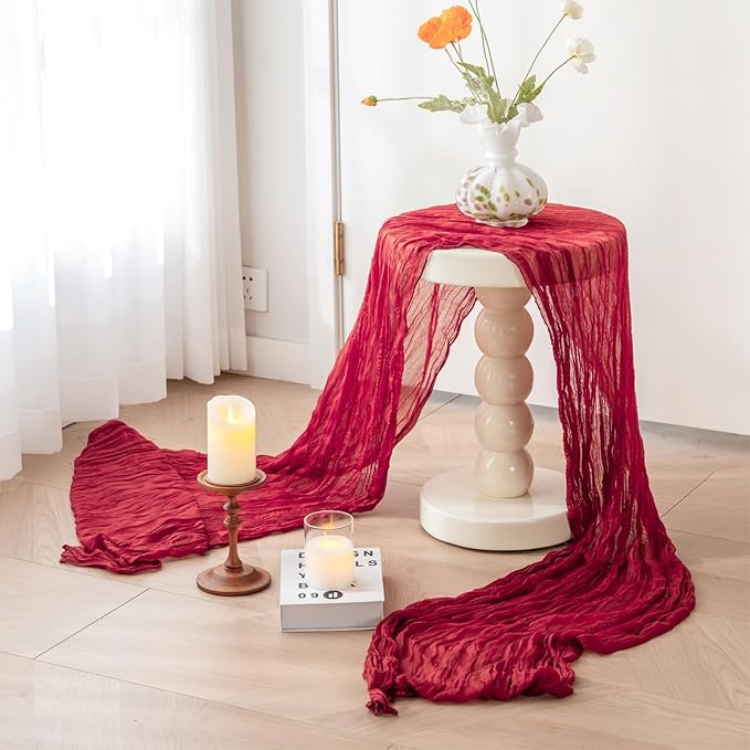 Sioloc Burgundy Red Cheesecloth Table Runner Fall Autumn Decor - Image 5