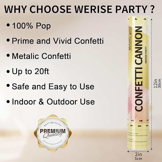 Gold Confetti Poppers Cannon, 6 Pack WERISE PARTY Gold Mylar Party Popper - Image 4
