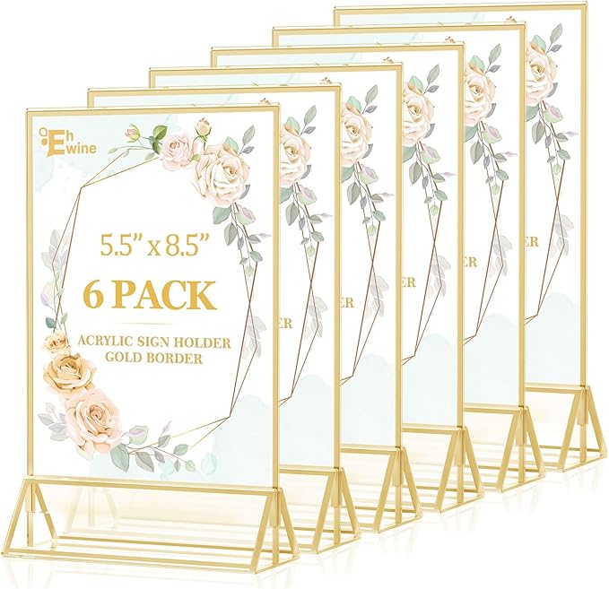 EHWINE 6 Pack Acrylic Sign Holder 5.5 x 8.5, Double Sided Gold Picture Frame by EHWINE