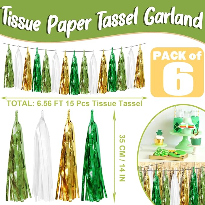 6P Sage-Green Beige-Mint Gold Foil Fringe Metallic Tassel Garland Banner - Image 2