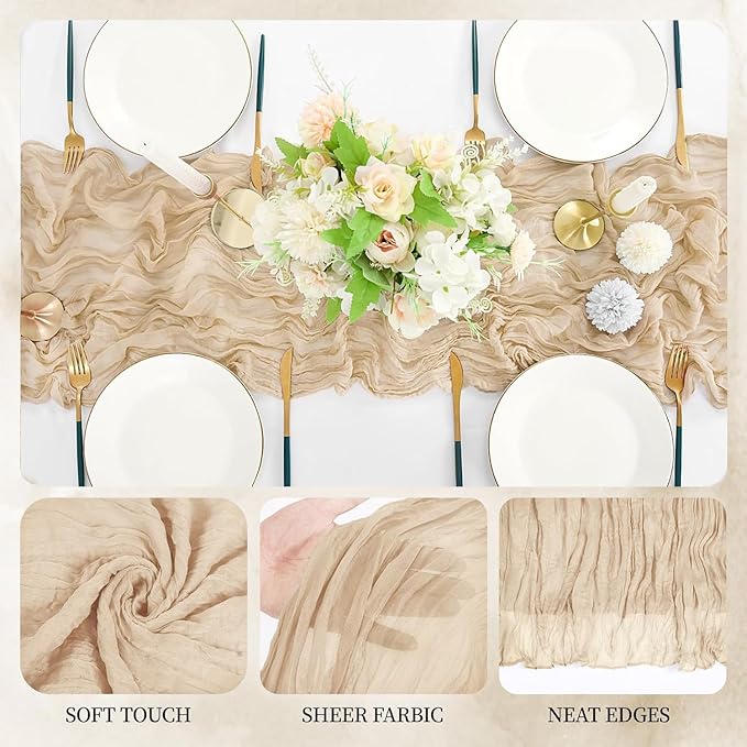 6 Pack Beige Cheesecloth Table Runner 23x120 inch Rustic Boho Gauze Table - Image 5