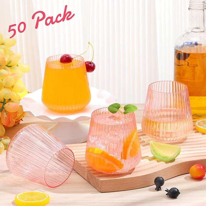 Suclain 50 Pcs Plastic Wine Glasses Pink Ribbed Stemless Wine 14oz Vertical - Image 3