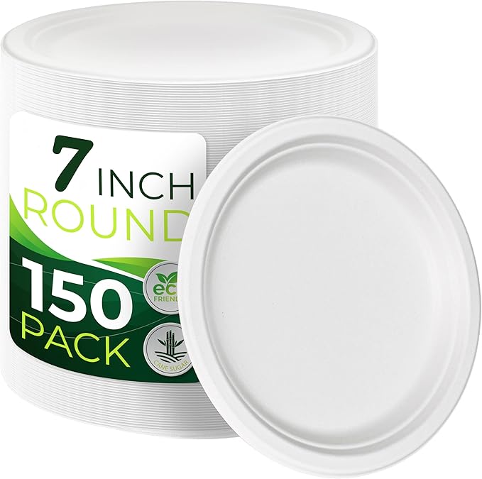 150pcs 100% Compostable Small Paper Plates, Heavy Duty, Eco Friendly Appetizer by Birchio