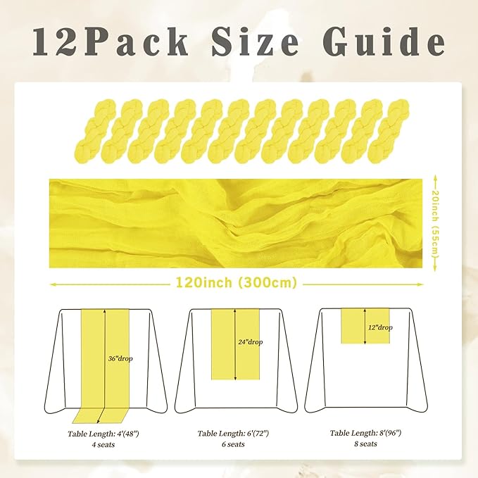 12 Pack Yellow Cheesecloth Table Runner 20 x 120 Inch Long Rustic Gauze Cheese - Image 2
