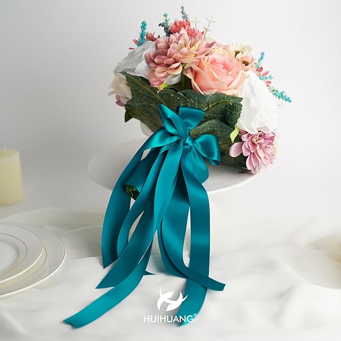HUIHUANG Peacock Blue Ribbon 1-1/2 inch x 50 Yards Peacock Double-Faced Satin - Image 5
